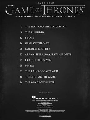 Game of Thrones Solo Piano Book