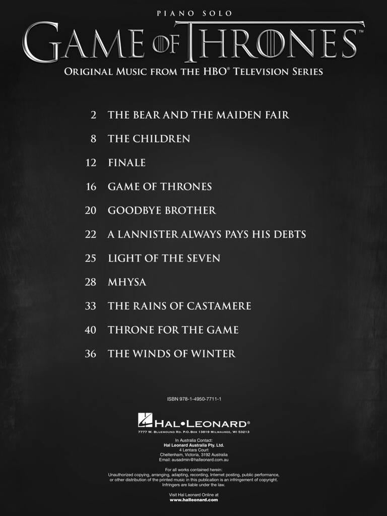 Game of Thrones Solo Piano Book