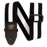 Black and white striped guitar strap with Ernie Ball logo on a white background