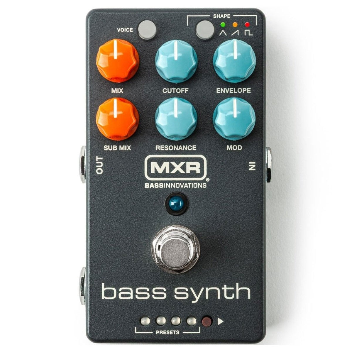MXR bass synth pedal with colorful knobs on a white background