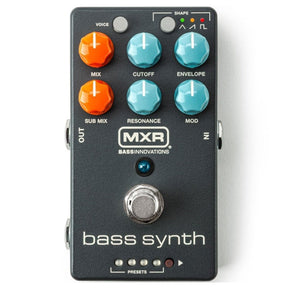 MXR bass synth pedal with colorful knobs on a white background