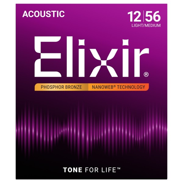 Elixir 16077 Nanoweb Coated Phosphor Bronze Acoustic Guitar Strings Light Medium 12-56