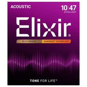 Elixir 11002 Nanoweb Coated 80/20 Bronze Acoustic Guitar Strings Extra Light 10-47
