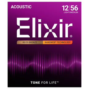 Elixir 11077 Nanoweb Coated 80/20 Bronze Acoustic Guitar Strings Light Medium 12-56