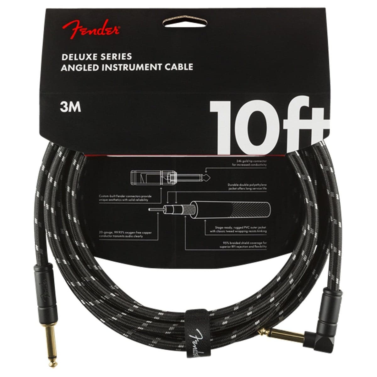 Fender Deluxe Series Black Tweed Guitar Cable - 10foot (3 meters) - Right Angle