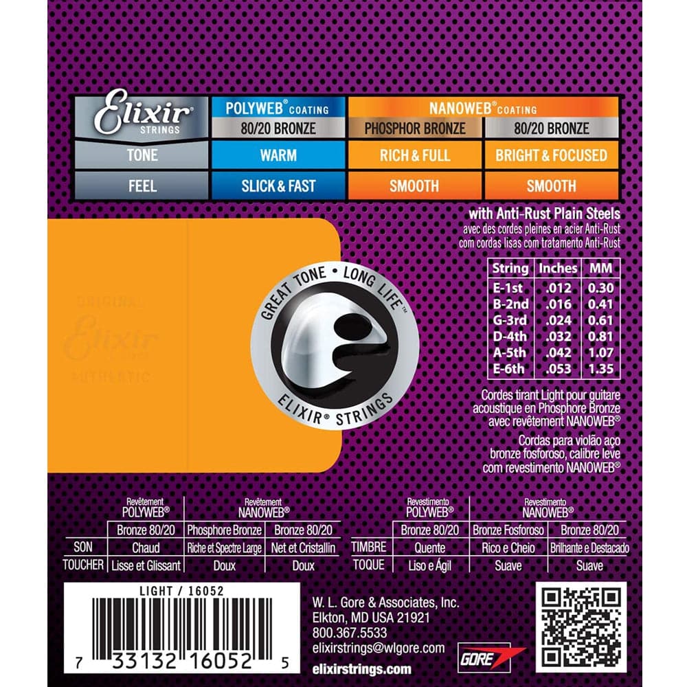 Elixir 16052 Nanoweb Coated Phosphor Bronze Acoustic Guitar Strings Light 12-53