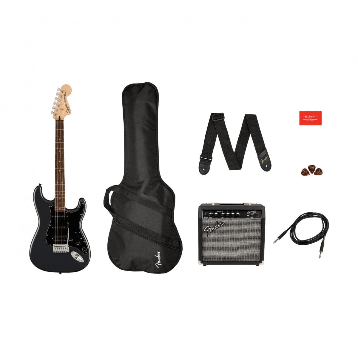 Squier Affinity Stratocaster Electric Guitar Package HSS - Guitar, Amp, Cable, Strap, Picks & Lessons - Charcoal Frost Metallic