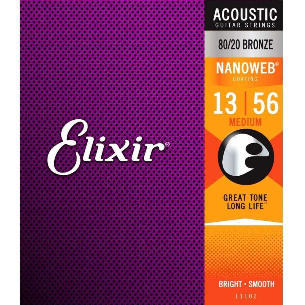 Elixir 11102 Nanoweb Coated 80/20 Bronze Acoustic Guitar Strings Medium 13-56