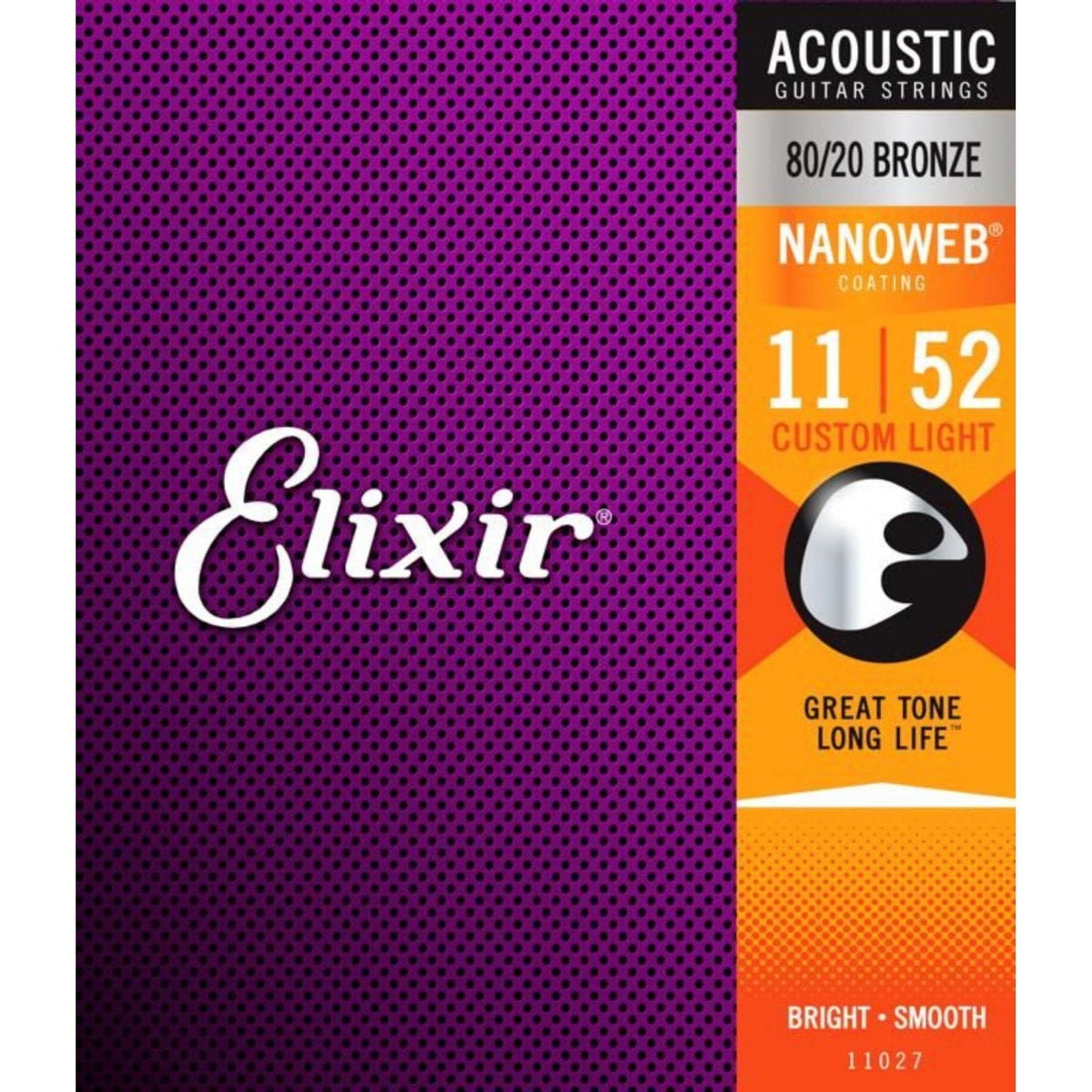 Elixir 11027 Nanoweb Coated 80/20 Bronze Acoustic Guitar Strings Custom Light 11-52