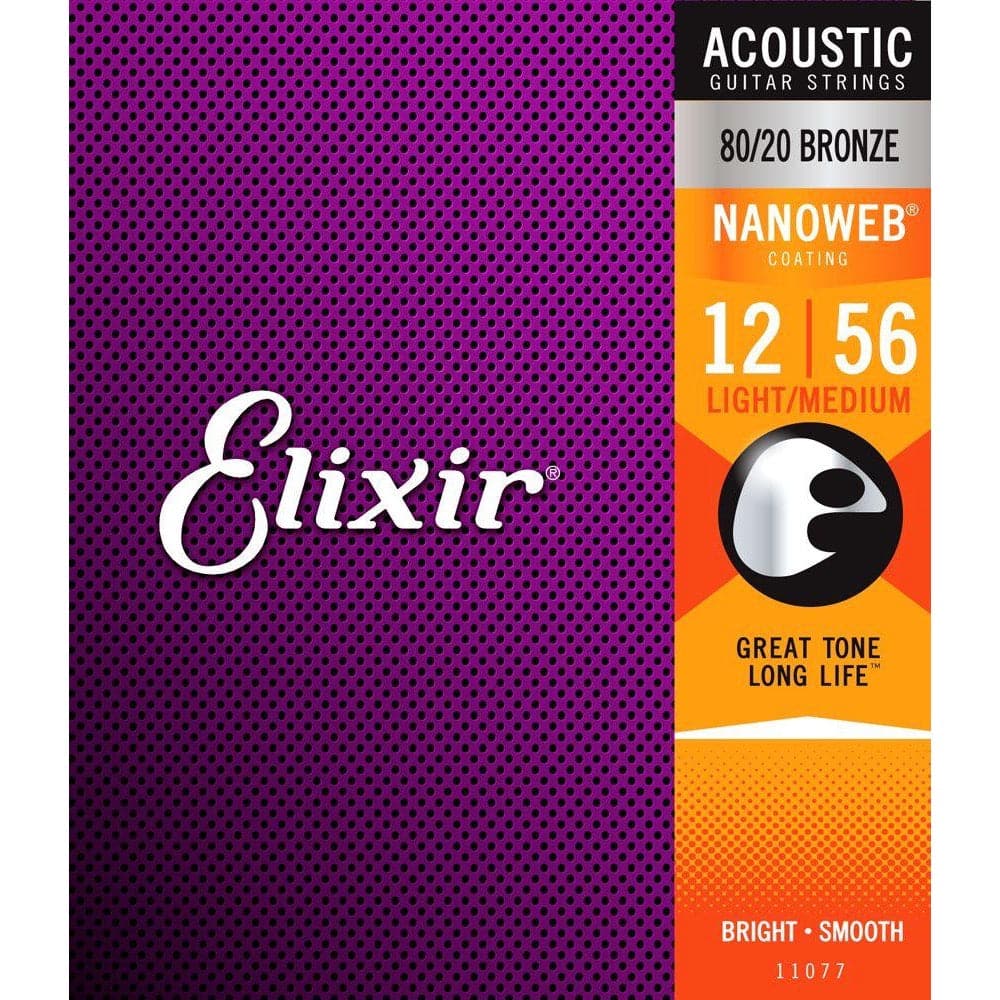 Elixir 11077 Nanoweb Coated 80/20 Bronze Acoustic Guitar Strings Light Medium 12-56