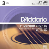 D'Addario EJ26-3D Phosphor Bronze Acoustic Guitar Strings Custom Light 11-52 3 Pack