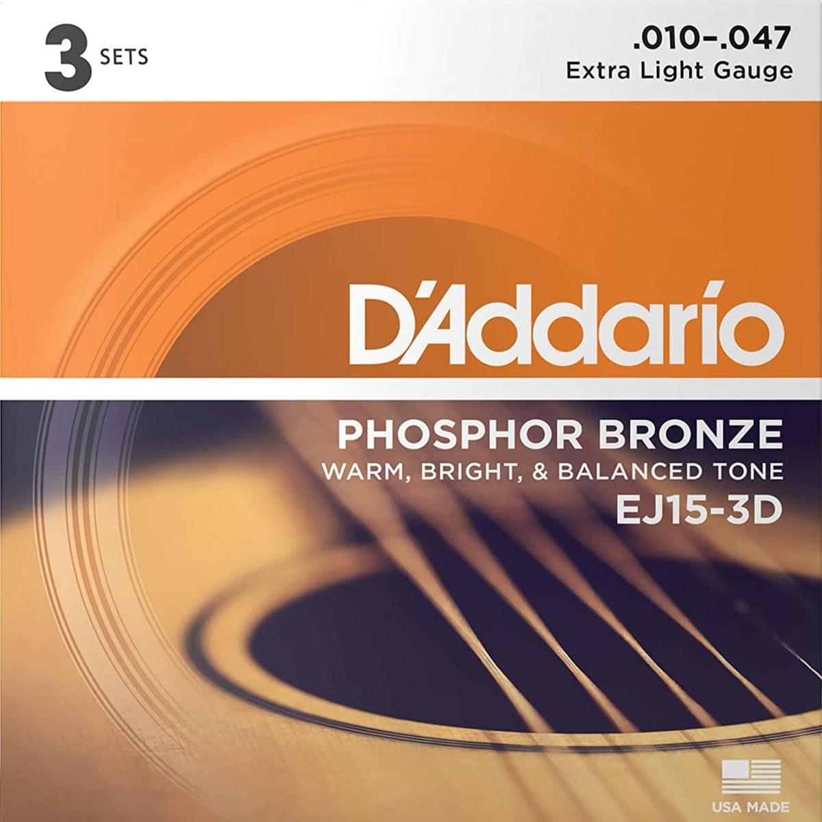 D'Addario EJ15-3D Phosphor Bronze Acoustic Guitar Strings Extra Light 10-47 3 Pack