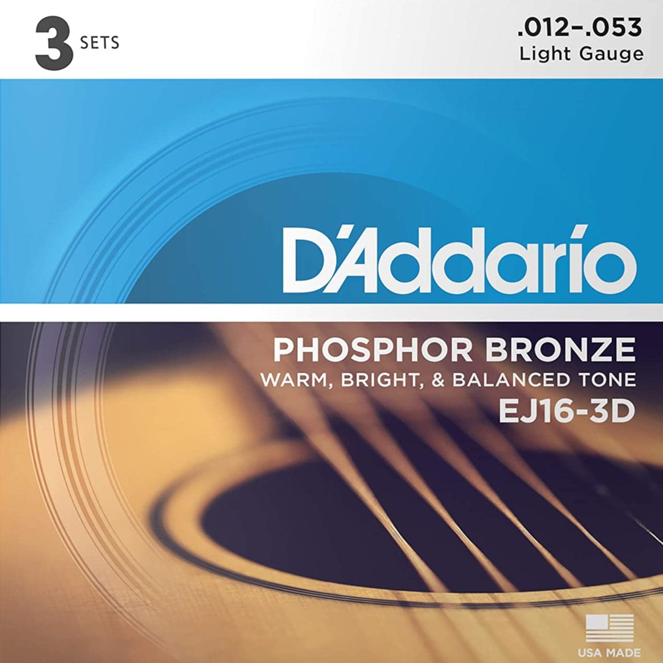 D'Addario EJ16-3D Phosphor Bronze Acoustic Guitar Strings Light 12-53 3 Pack