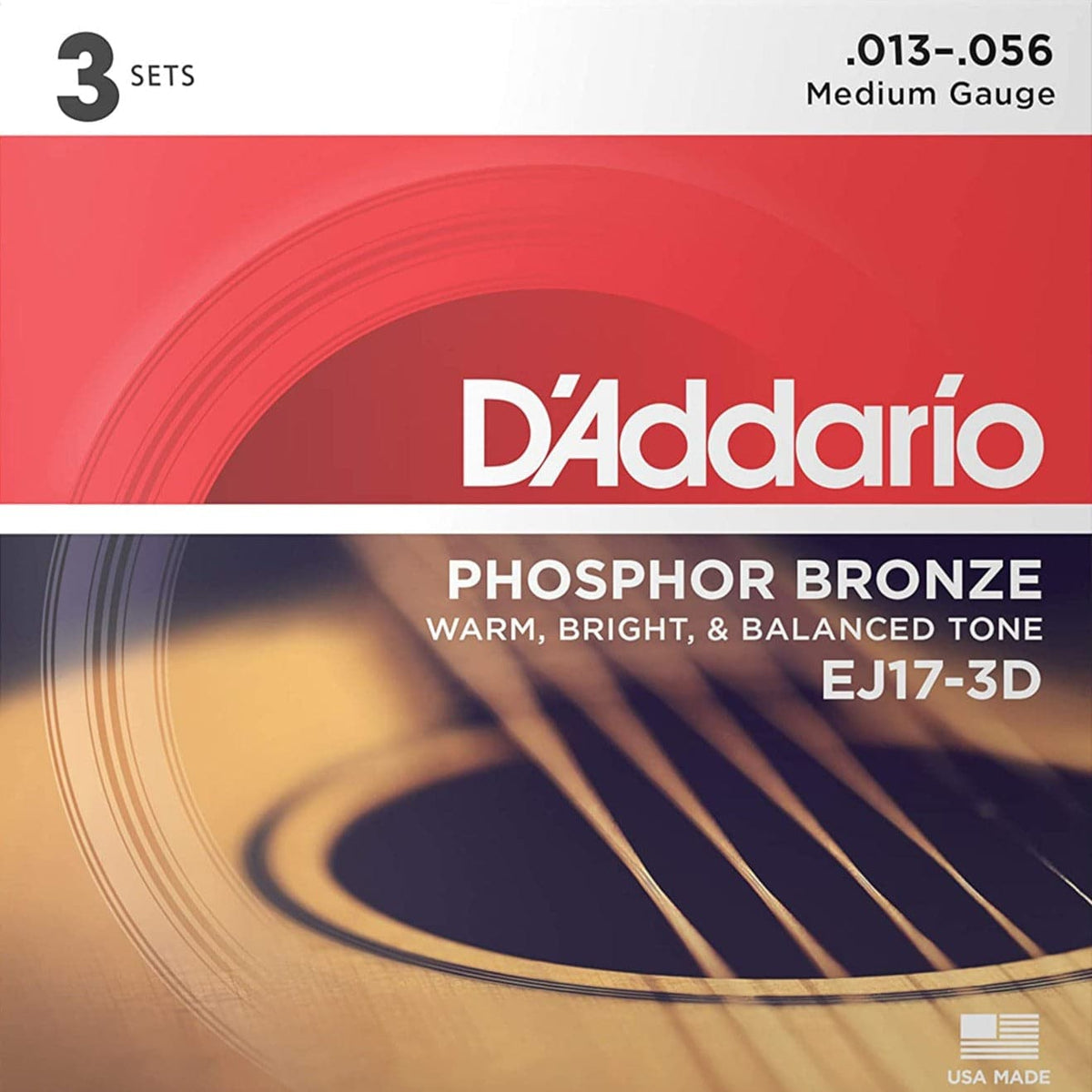 D'Addario EJ17-3D Phosphor Bronze Acoustic Guitar Strings Medium 13-56