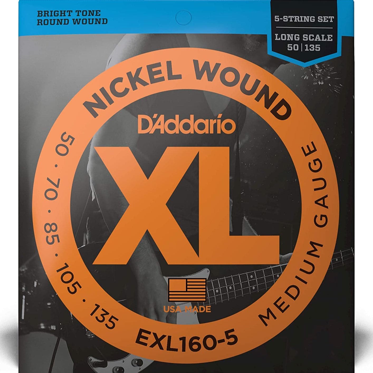 D'Addario EXL160-5 XL 5 String Bass Guitar Strings Long Scale Medium Gauge 50-135