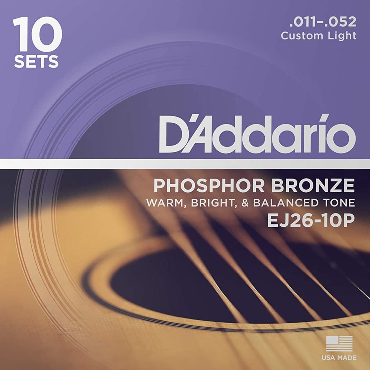 D'Addario EJ26-10P Phosphor Bronze Acoustic Guitar Strings Custom Light 11-52 10 Pack
