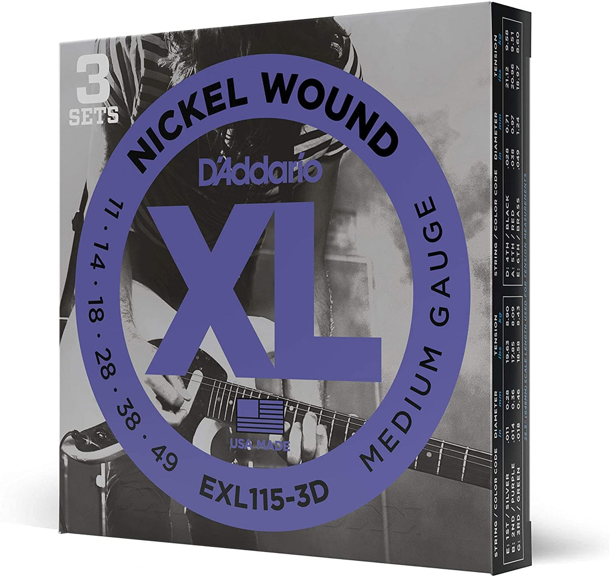 D'Addario EXL115-3D XL Electric Guitar Strings - Blues/Jazz Rock - 11-49 - 3 Pack