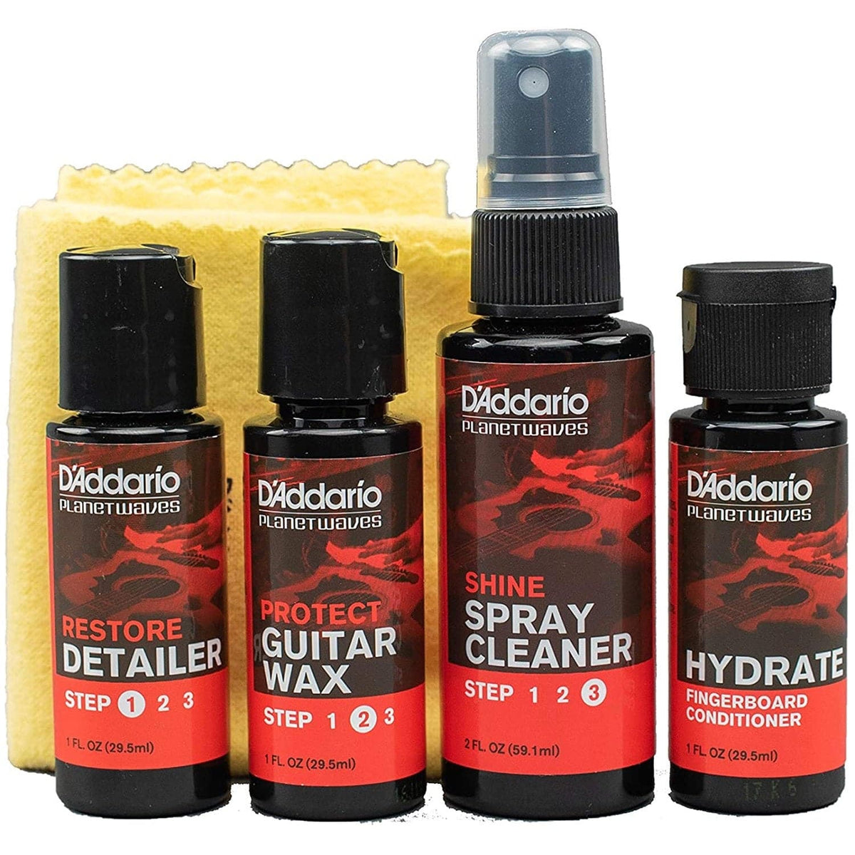 D'Addario PW-GCB-01 Instrument Care Essentials (Restore, Protect, Shine, Hydrate, Polishing Cloth)