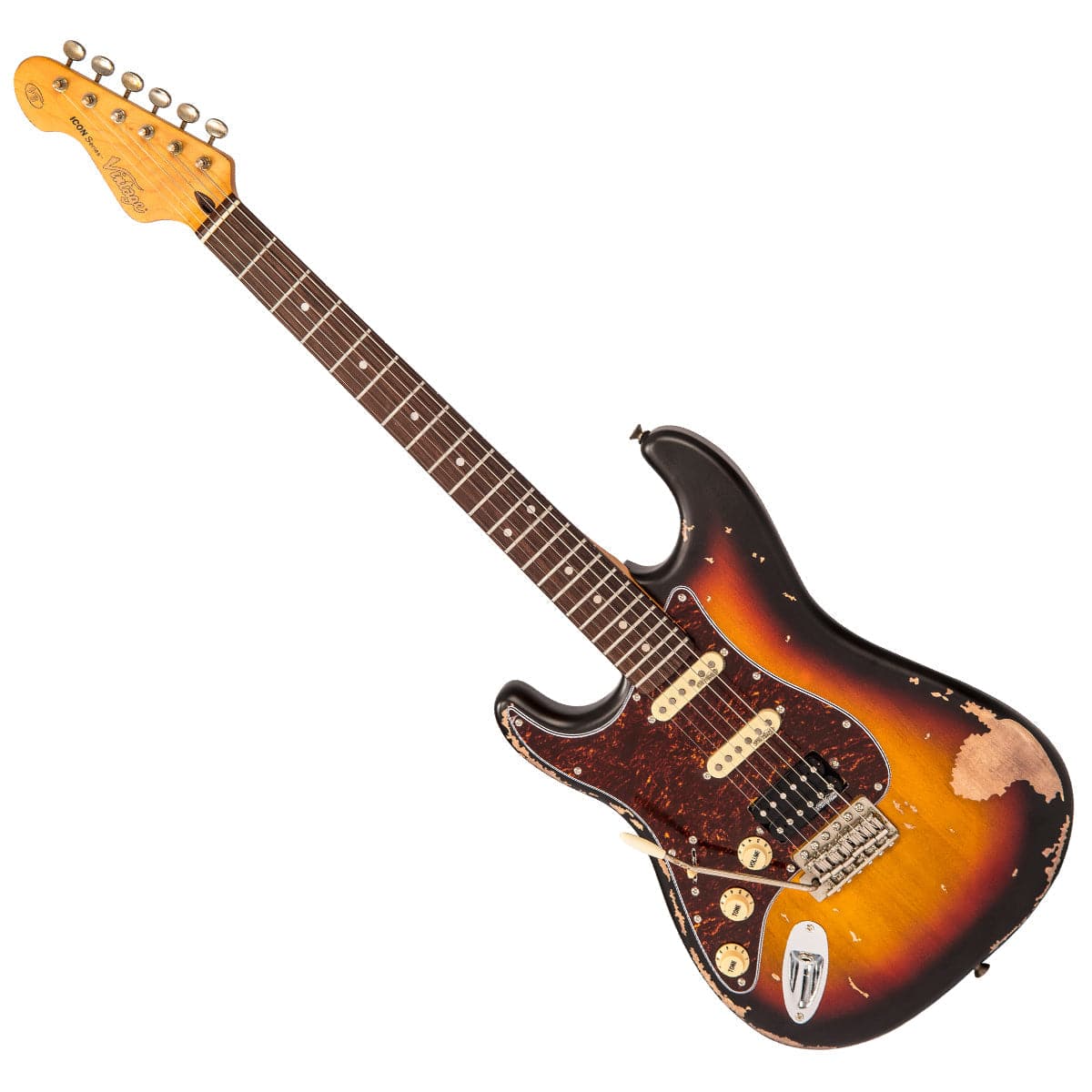 Vintage V6H ICON HSS Electric Guitar ~ Left Hand Distressed Sunburst