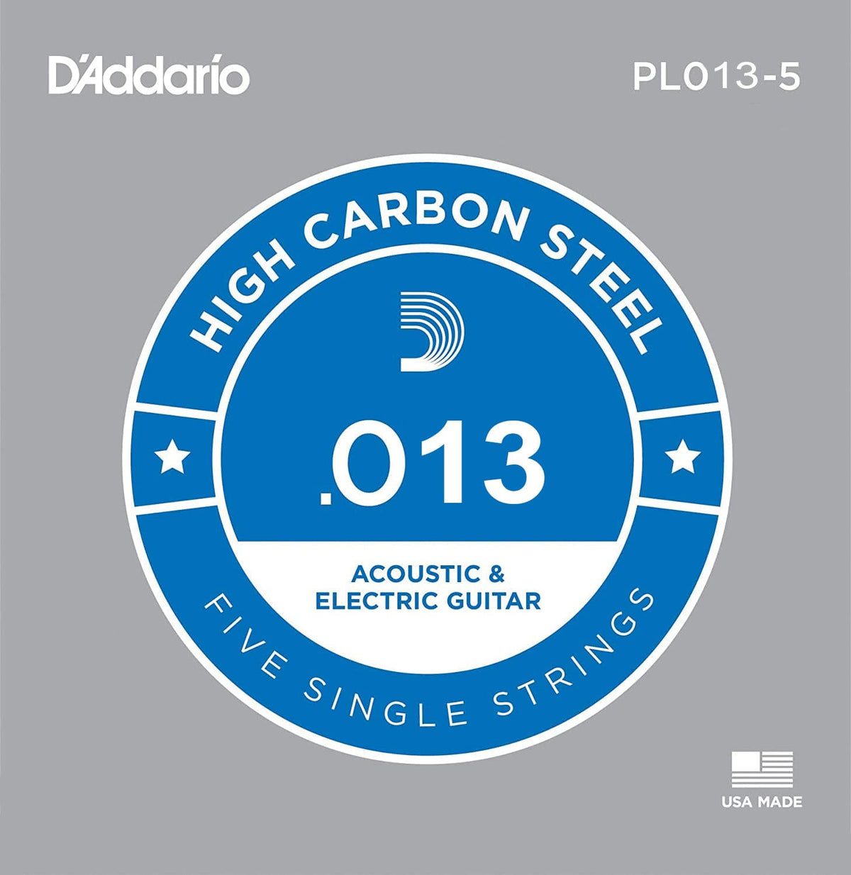 D'Addario PL013-5 Plain Steel Guitar Strings .013 for Electric & Acoustic - 5 PACK