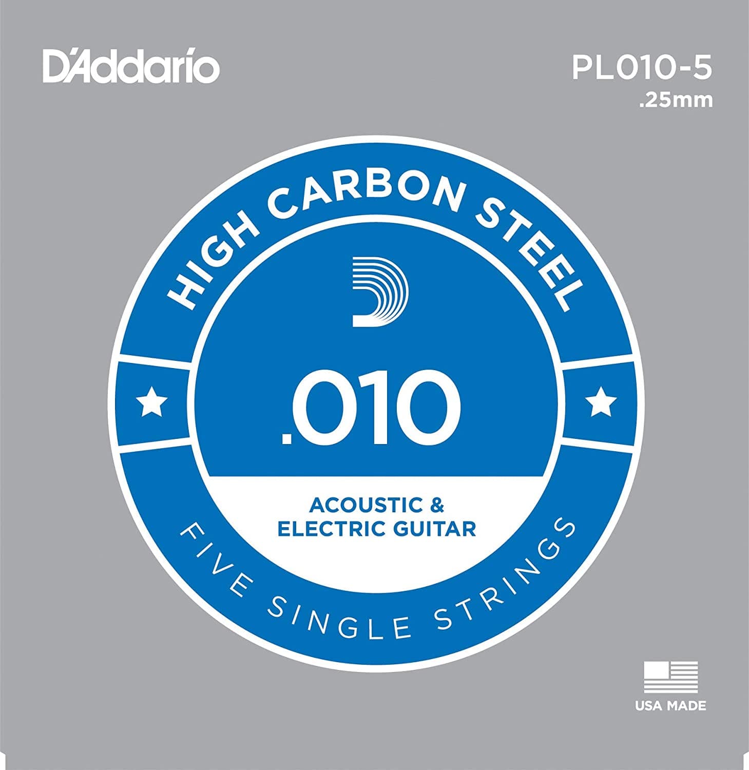 D'Addario 5x Plain Steel Guitar Strings .010 for Electric & Acoustic