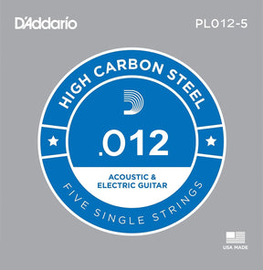 D'Addario 5x Plain Steel Guitar Strings .012 for Electric & Acoustic
