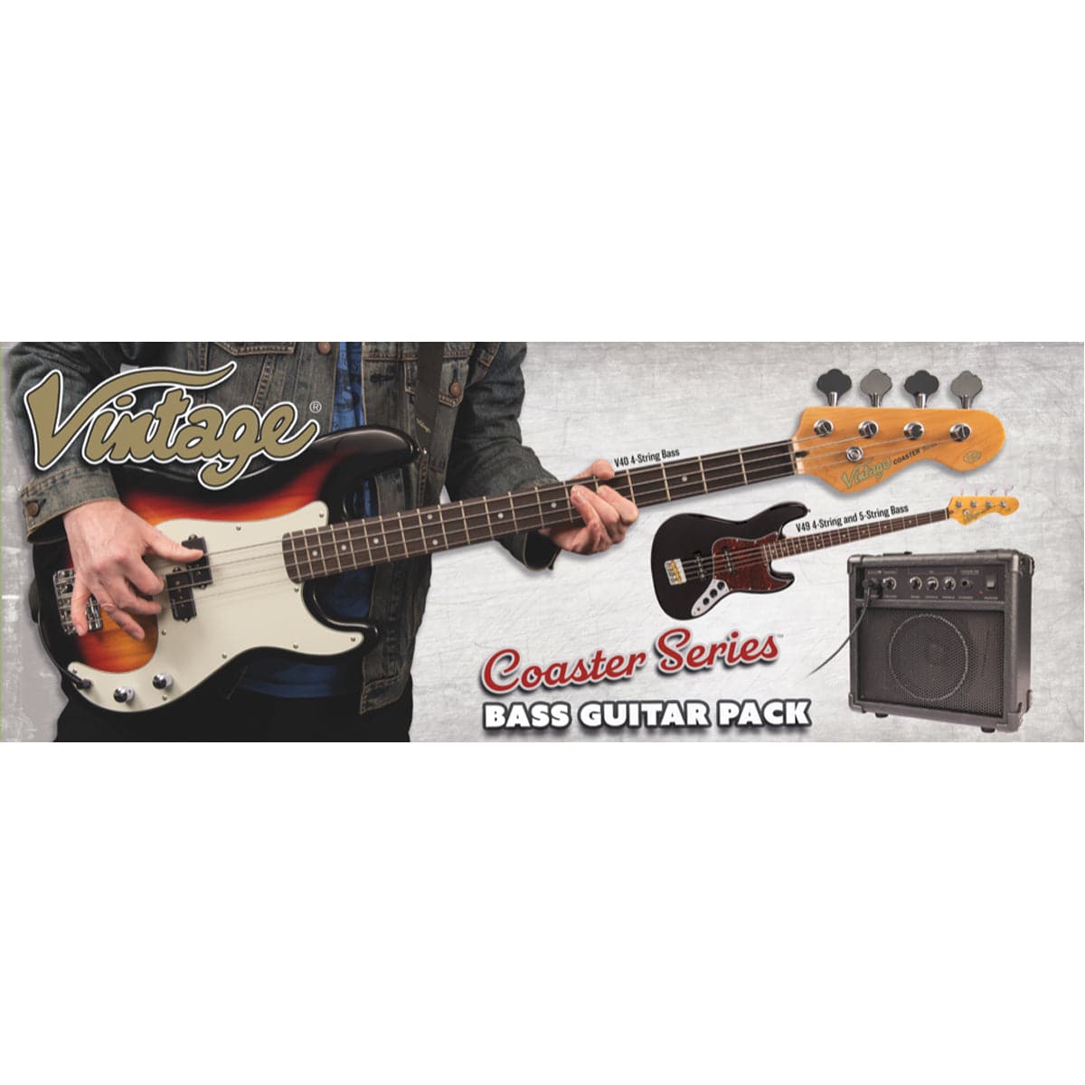 Vintage V495 Coaster Series 5-String Bass Guitar Pack ~ Boulevard Black