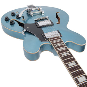 Vintage VSA500B ReIssued Semi Acoustic Guitar w/Bigsby ~ Gun Hill Blue