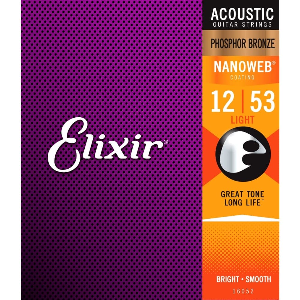 Elixir 16052 Nanoweb Coated Phosphor Bronze Acoustic Guitar Strings Light 12-53